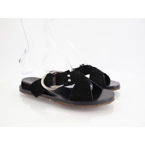Rag & Bone Beau Cross Sandals Womens 37.5 7.5 Black Suede Slide Flat Slip On - Picture 1 of 13